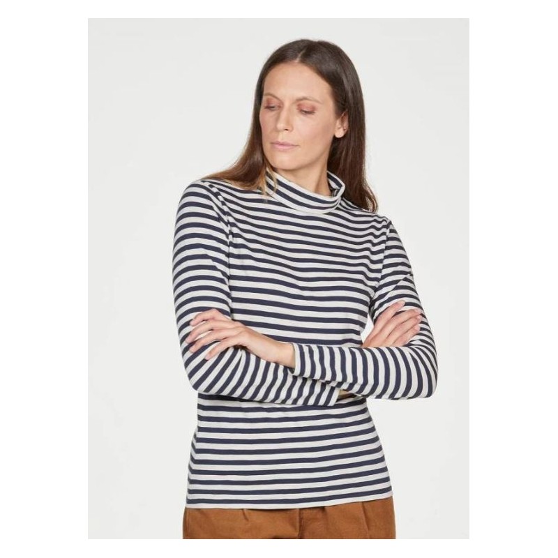 Organic Cotton Striped Jersey Roll Neck Top